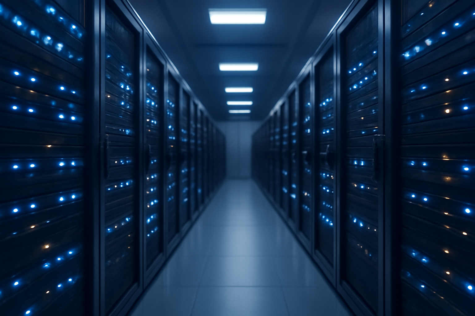 Server racks glowing with blue light representing cloud computing infrastructure at a data center