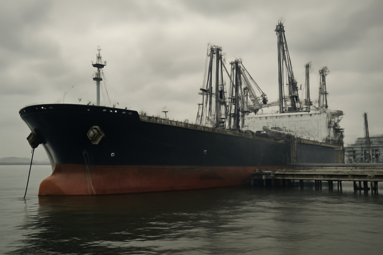 Crude oil tanker docked at an industrial port terminal under overcast sky