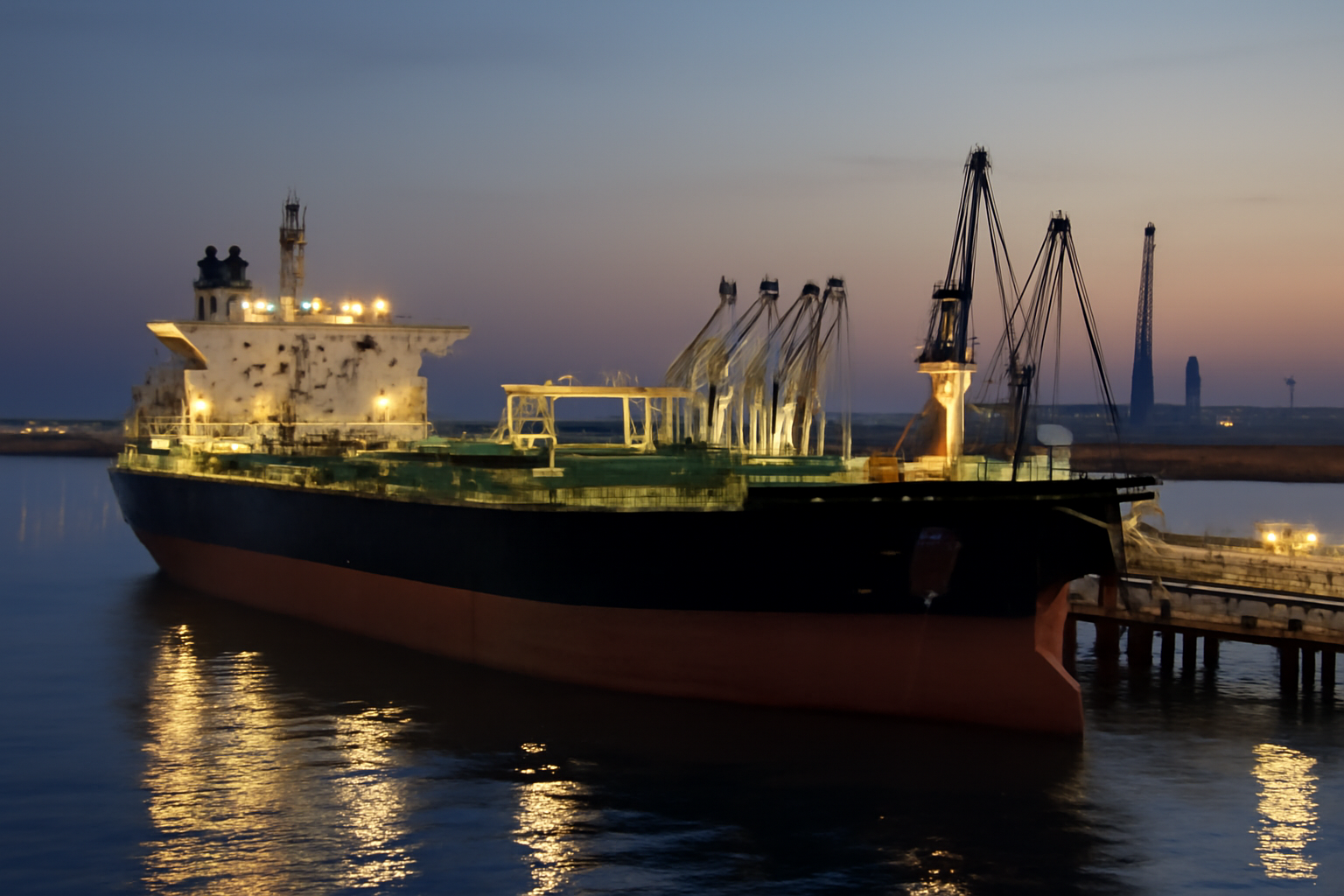 Oil tanker loading at a Middle East port terminal with pipeline infrastructure