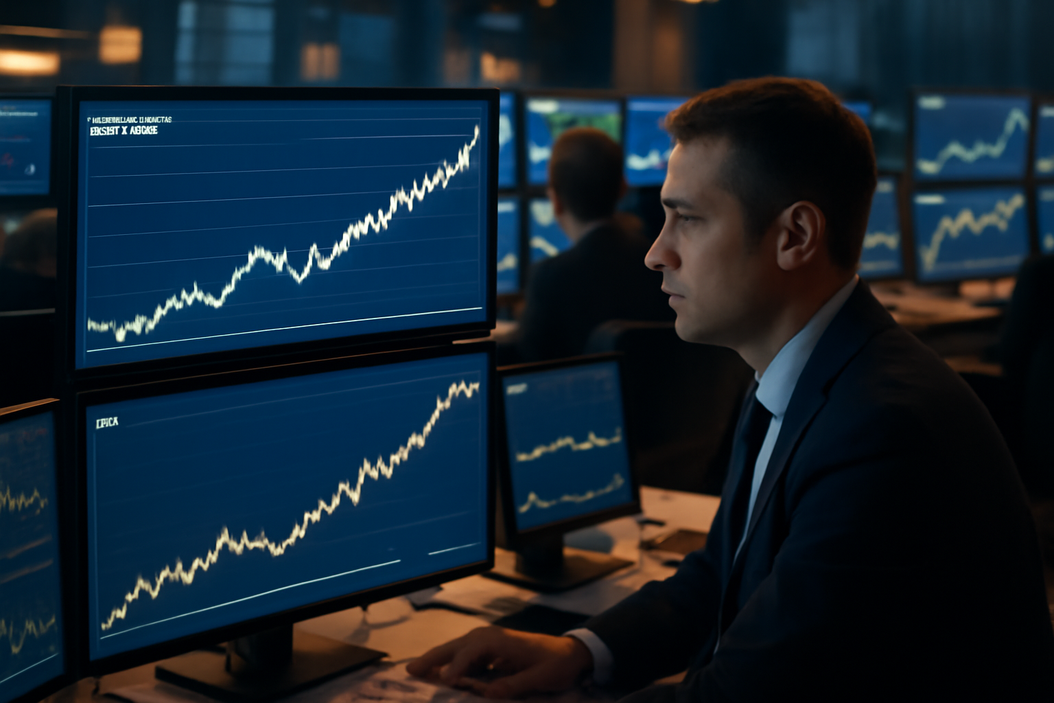 Trading floor monitors showing rising Treasury yield charts and oil price figures