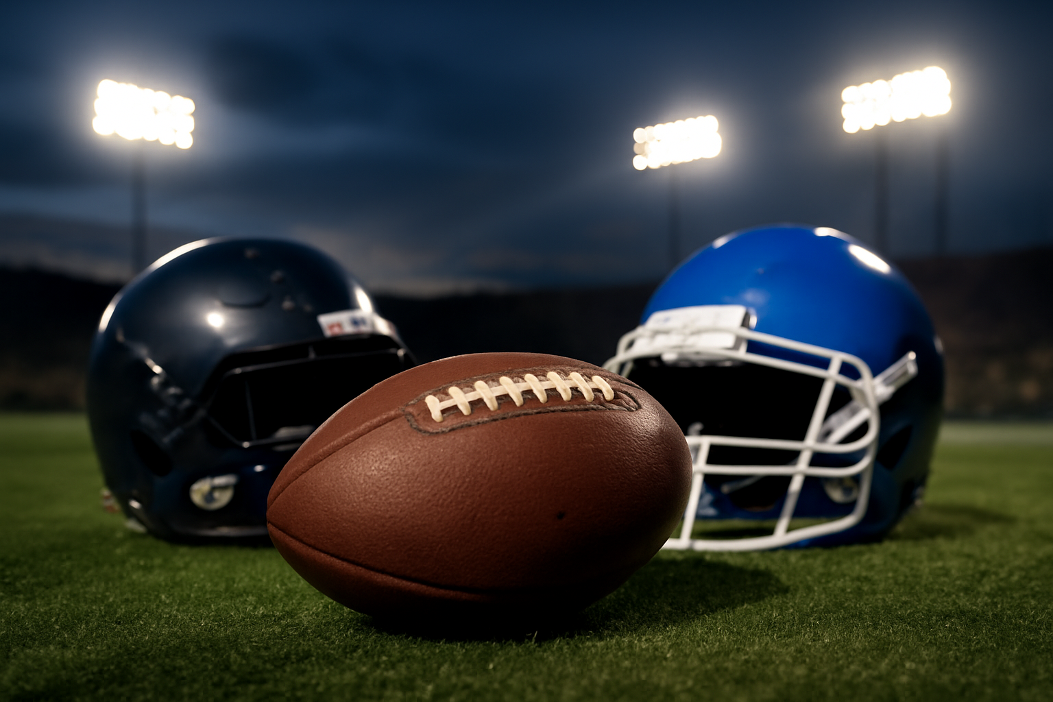 A football sits on a stadium field under stadium lights with two team helmets, one navy and one blue, placed beside it