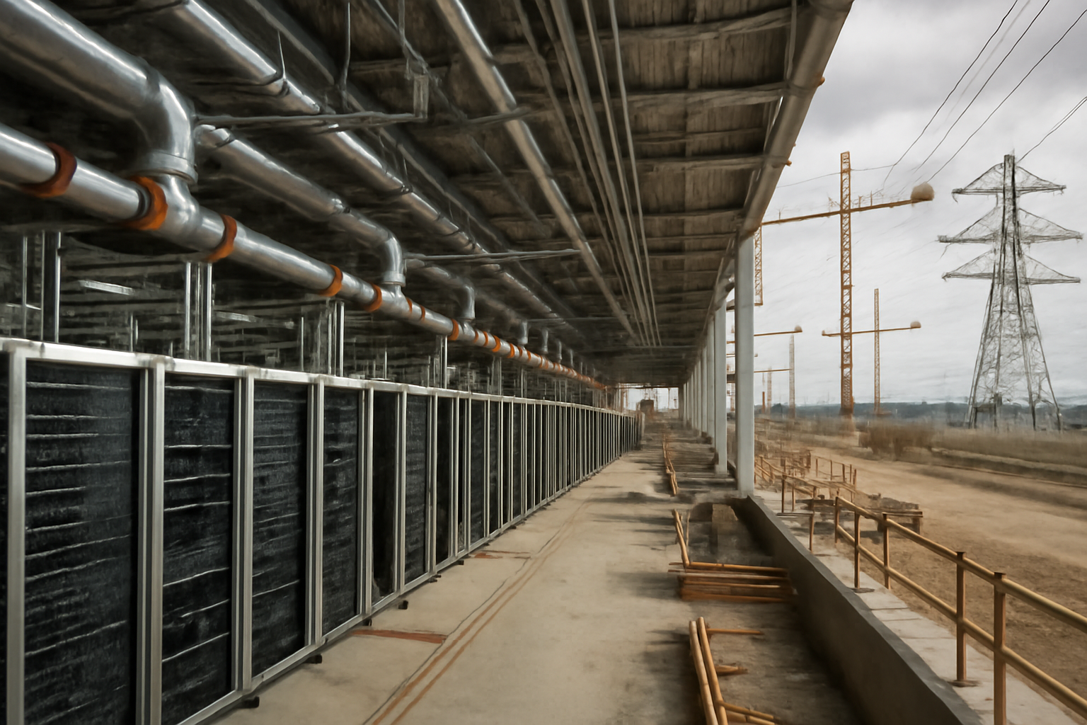 Rows of AI data center server racks under construction with exposed cooling infrastructure and power lines in the background