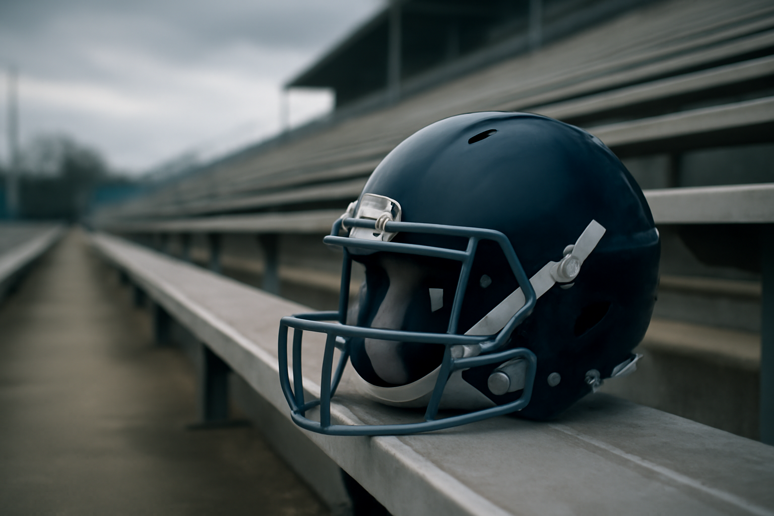 A New England Patriots helmet resting on a stadium bench under overcast stadium lights