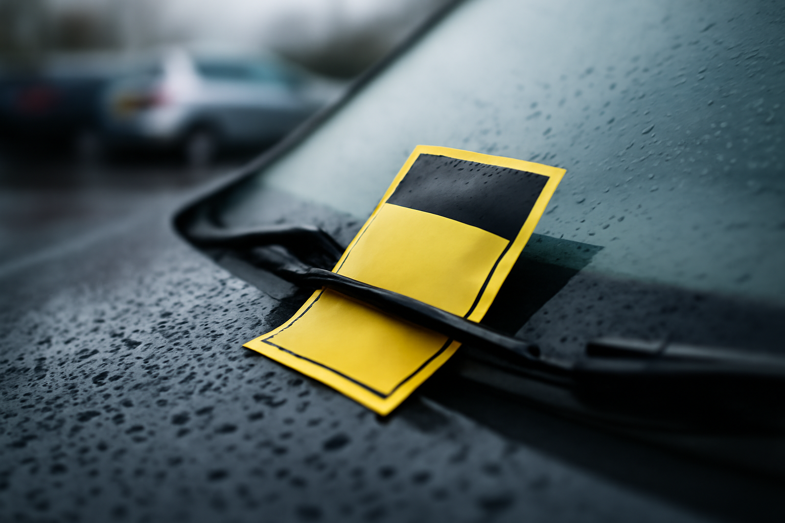 A yellow parking penalty notice tucked under a car windshield wiper in a UK car park