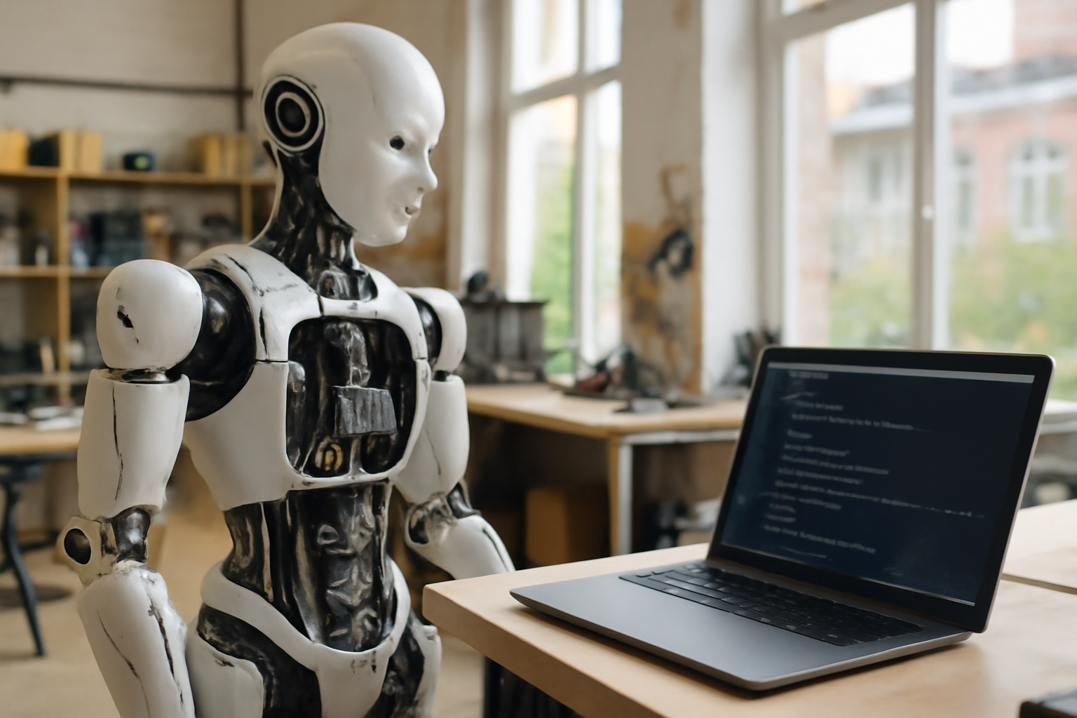 A modular humanoid robot with adjustable arms standing in a workshop beside a laptop showing robotics software