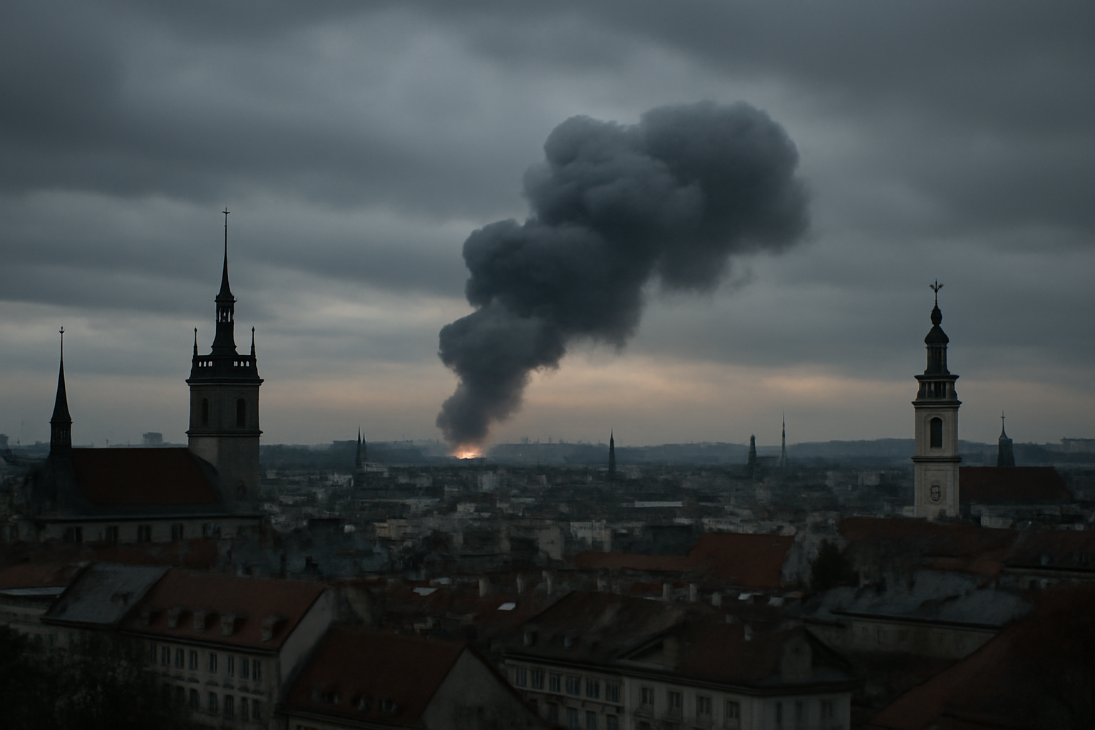 Smoke rising over a European city skyline at dusk after reported strikes