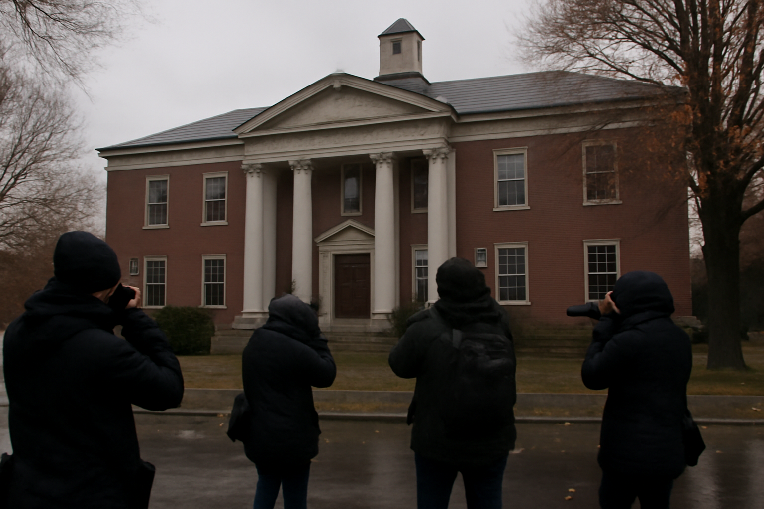 Exterior of the Orleans District Court building in Massachusetts with reporters gathered outside.