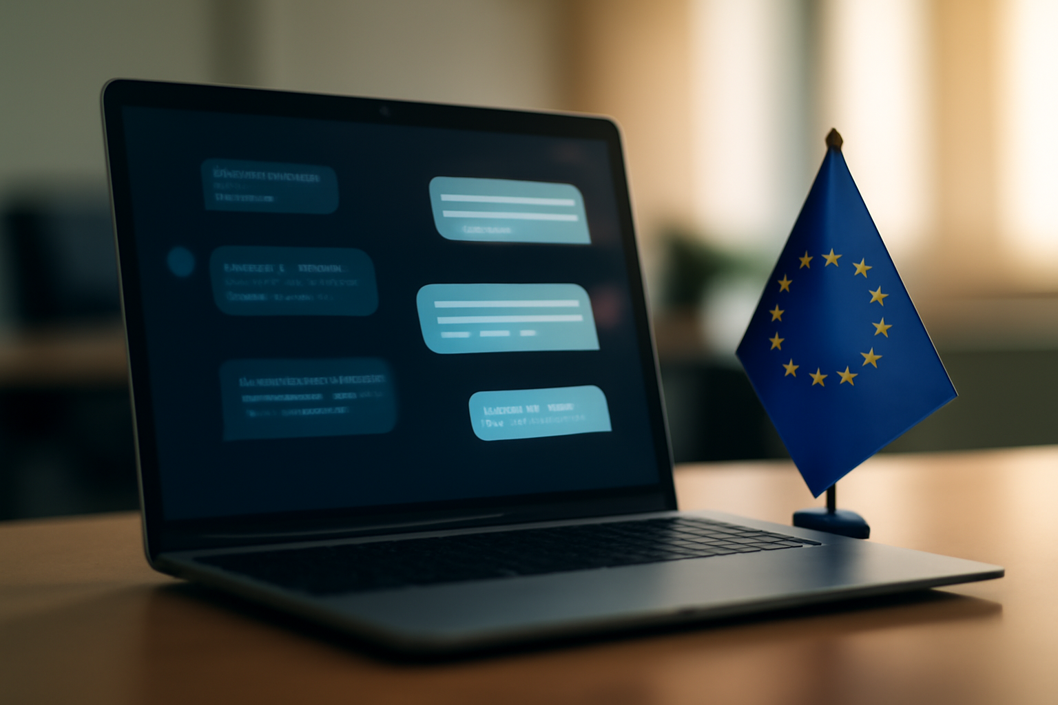 A European Union flag beside a glowing laptop screen displaying chat text with faint digital markings