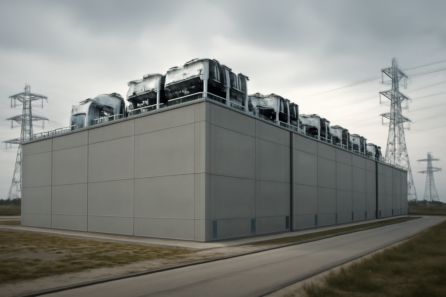 A large windowless data center building with rooftop cooling units standing near electrical transmission towers
