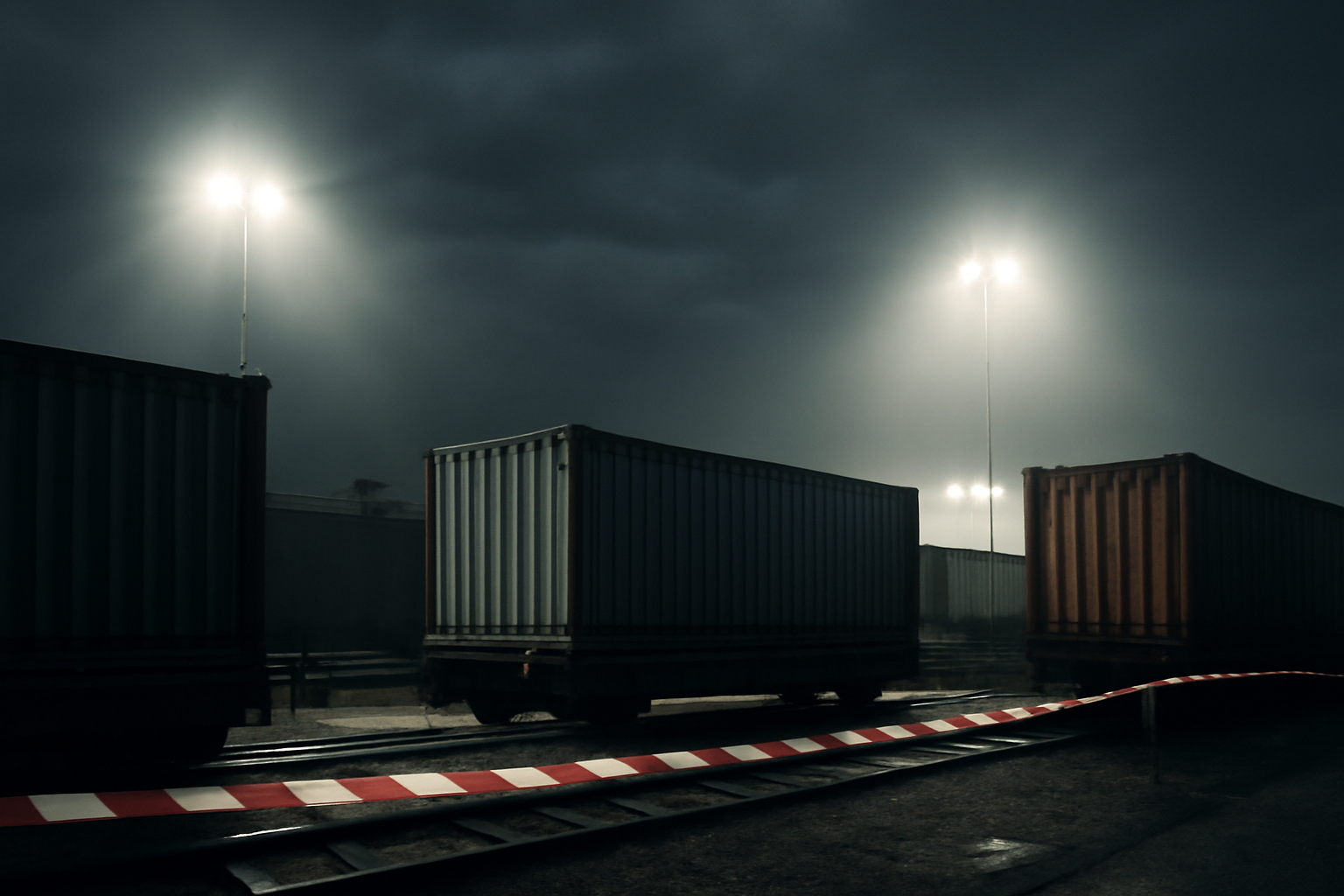 European industrial facility at night with security lighting near a rail yard
