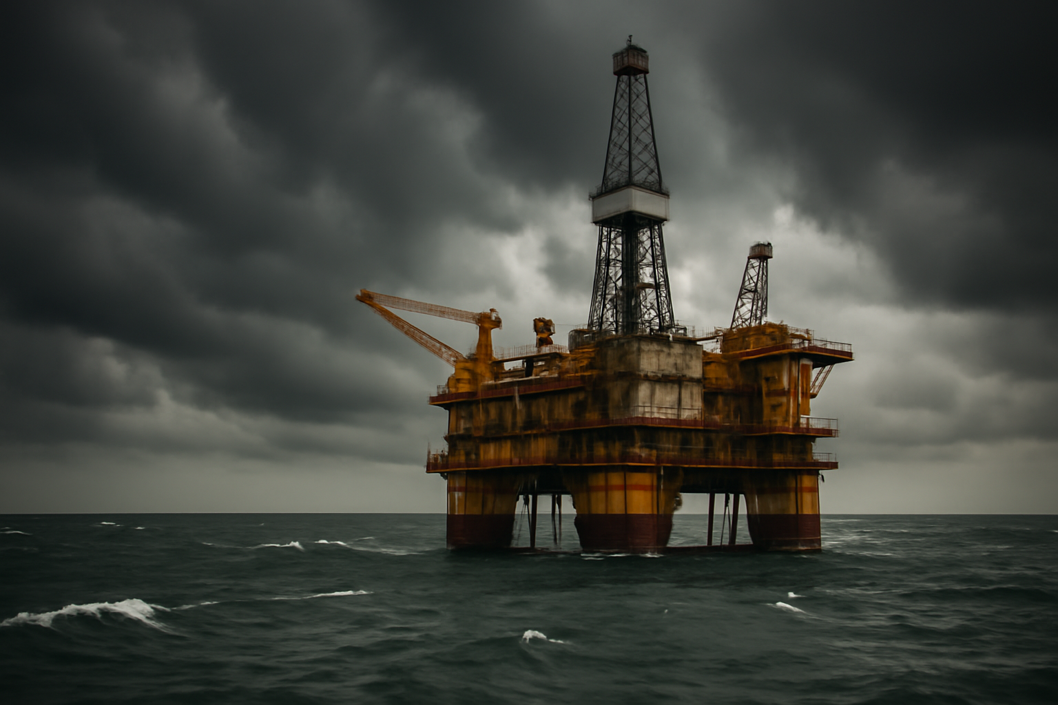 Offshore oil platform in the Gulf of Mexico under storm clouds