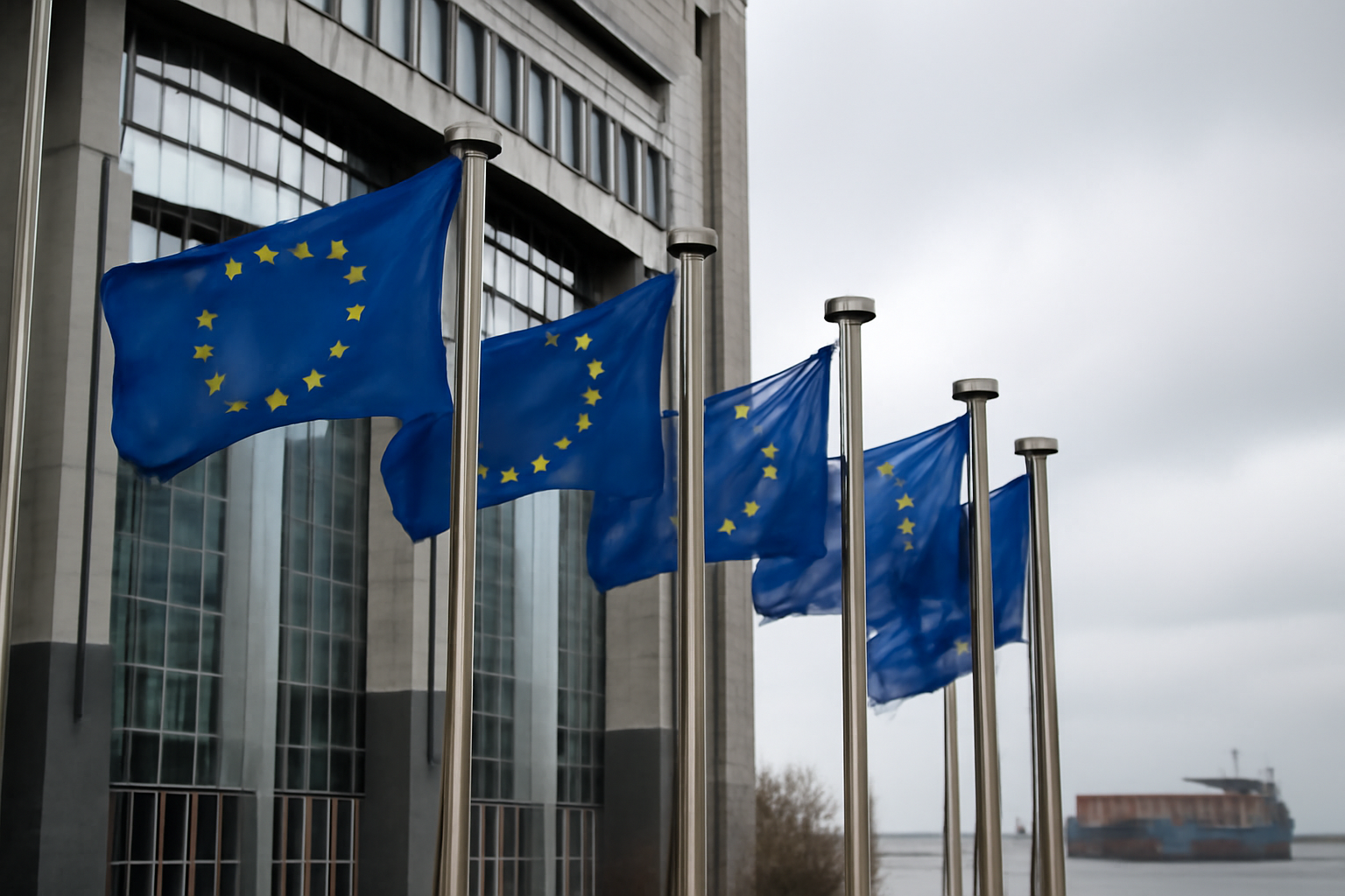 European Union flags outside a Brussels summit building with a cargo ship in the background