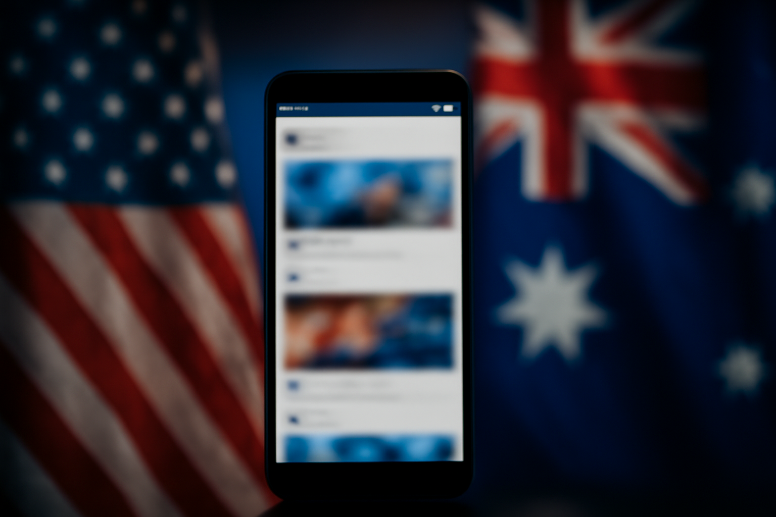 Silhouette of a smartphone displaying a scrolling social media feed against a backdrop of the U.S. and Australian flags