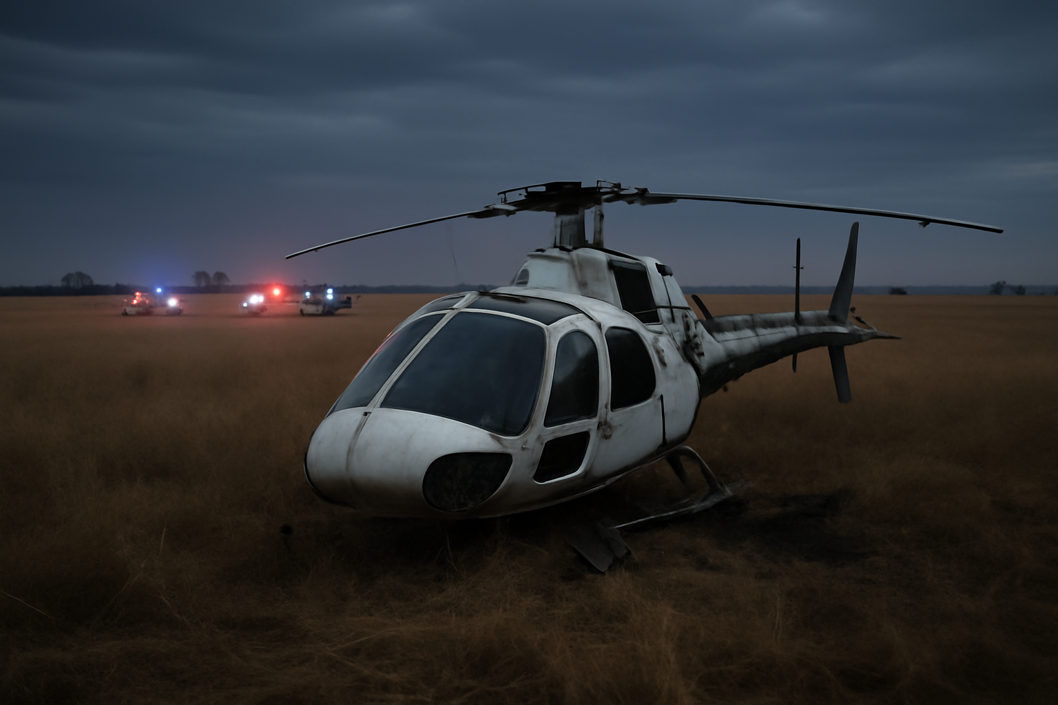 A helicopter wreckage lies in an open field under overcast skies in rural Zimbabwe