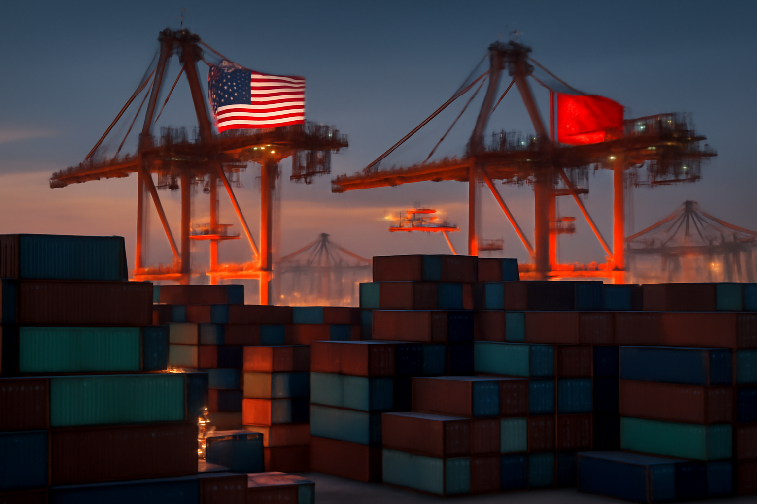 Shipping containers stacked at a port with US and Chinese flags visible on cranes in the background