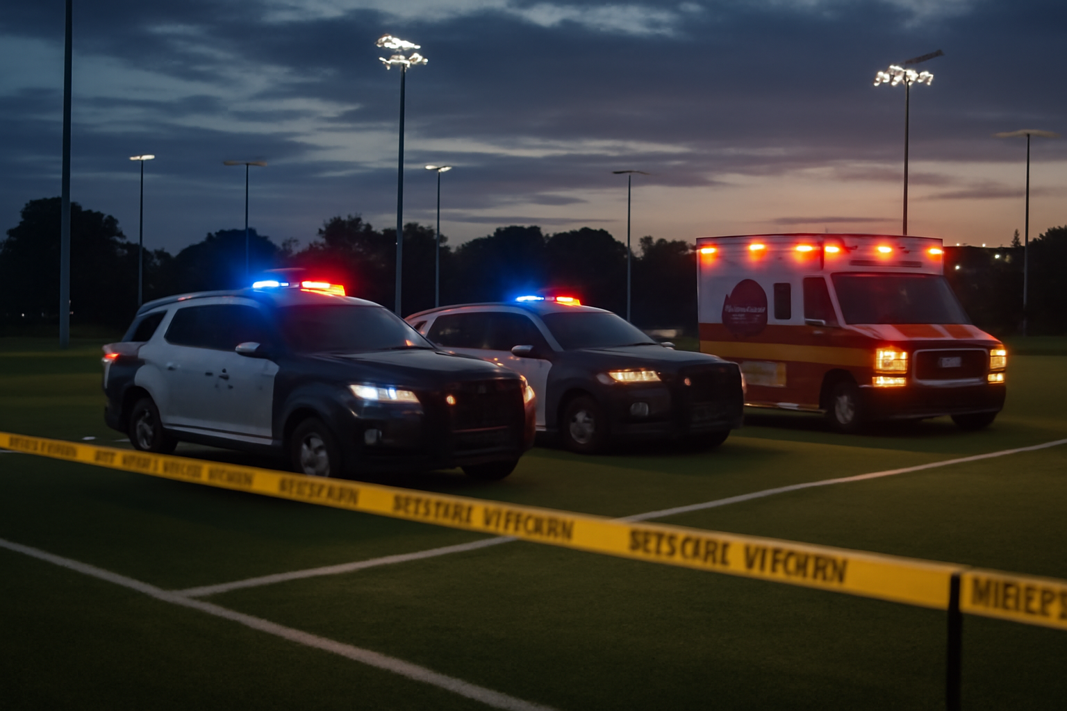 Emergency vehicles parked near a soccer field at a sports complex after a vehicle crash