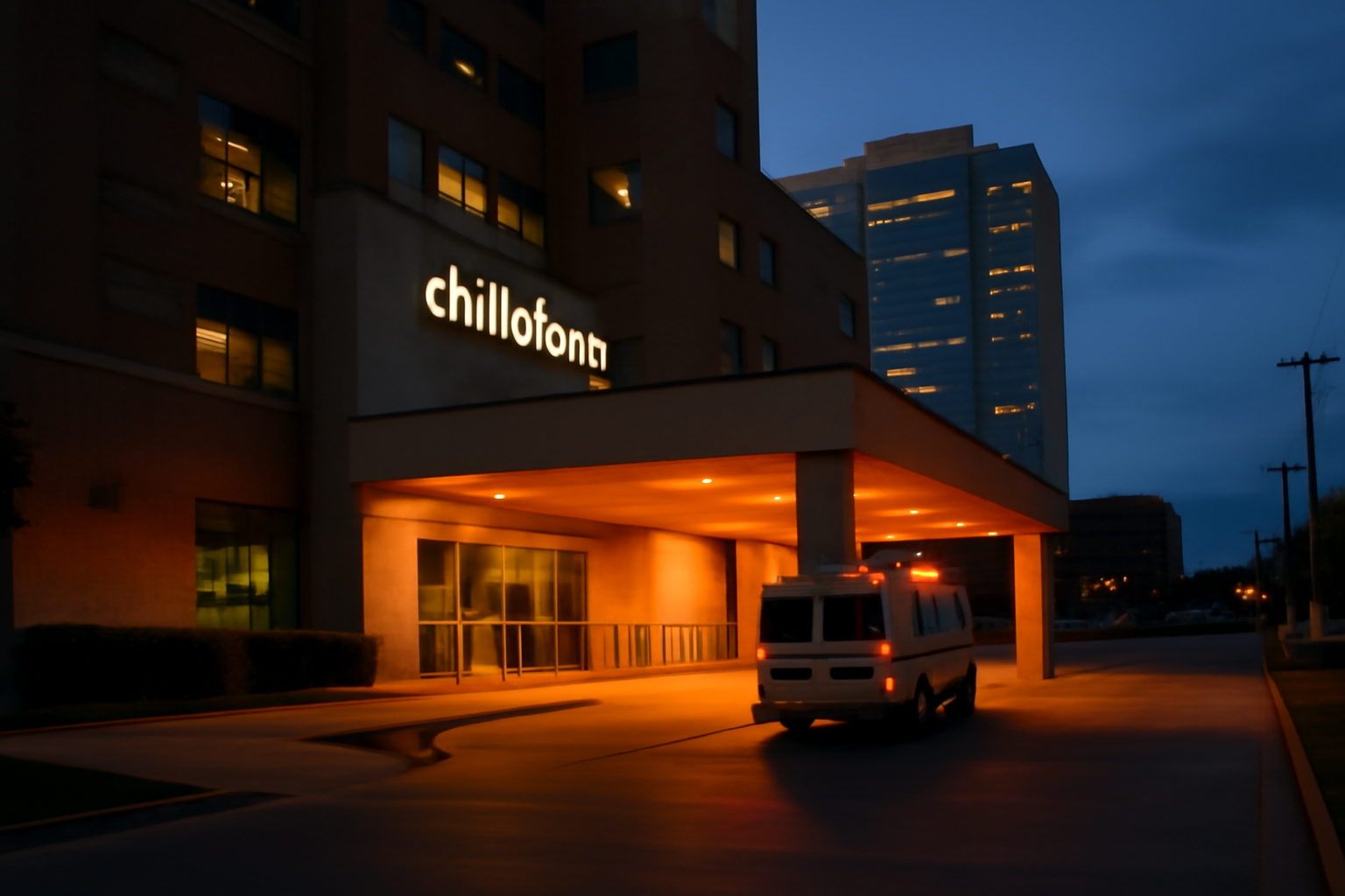 Exterior of a children's hospital emergency entrance in Lubbock, Texas at dusk