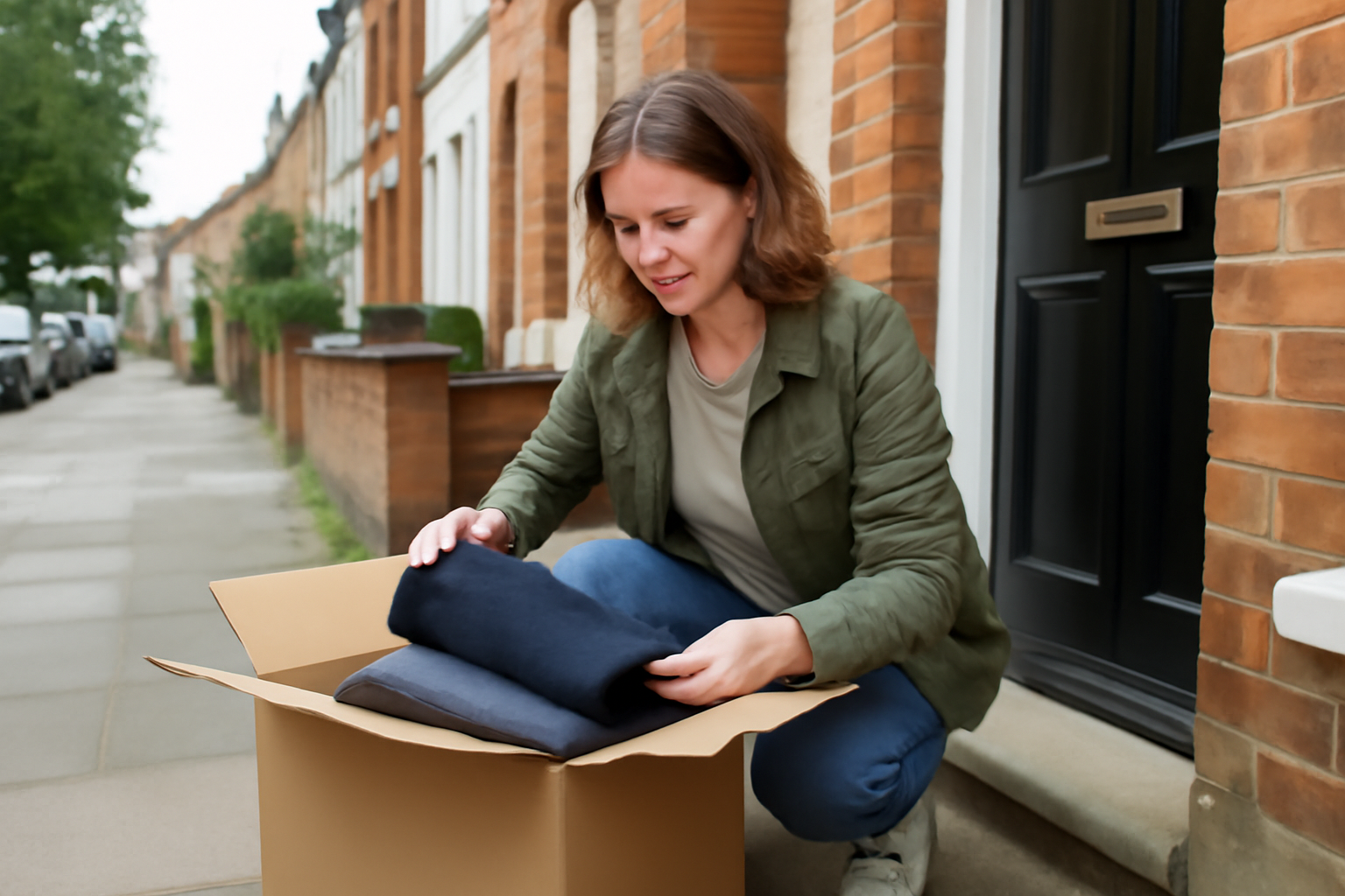 A woman checks a clothing delivery package on her doorstep