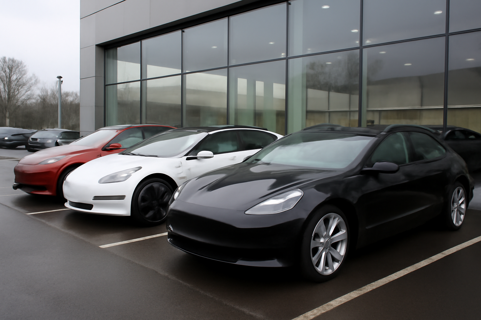 Tesla Model Y vehicles parked outside a European dealership showroom