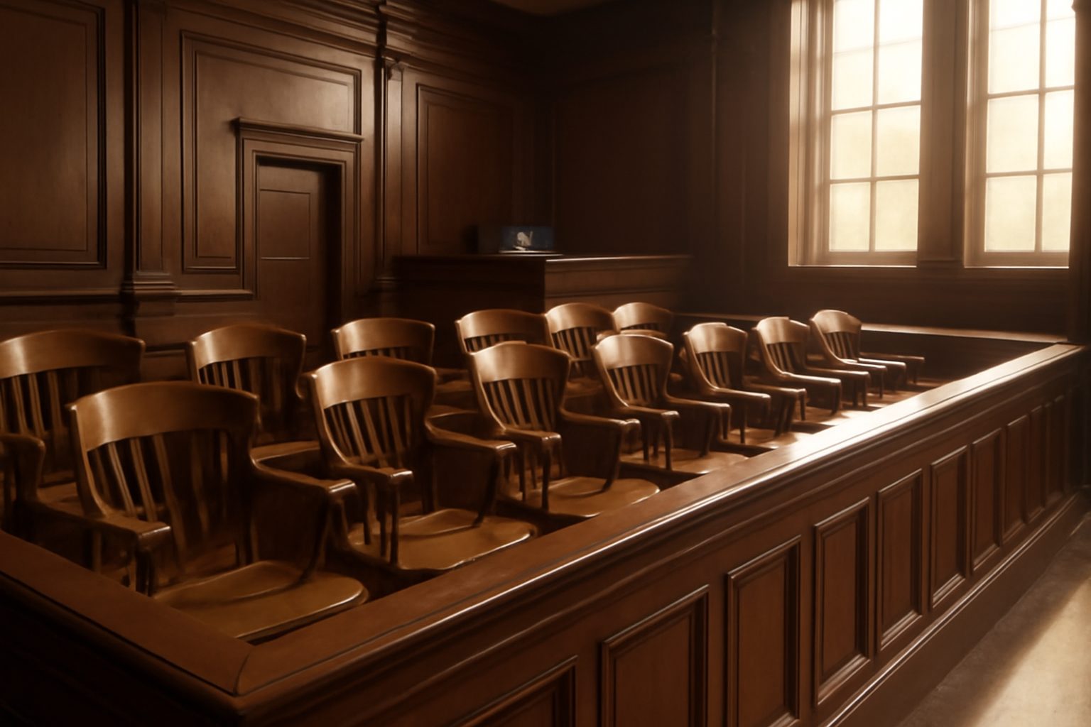 Empty jury box with twelve chairs facing a wood-paneled courtroom bench
