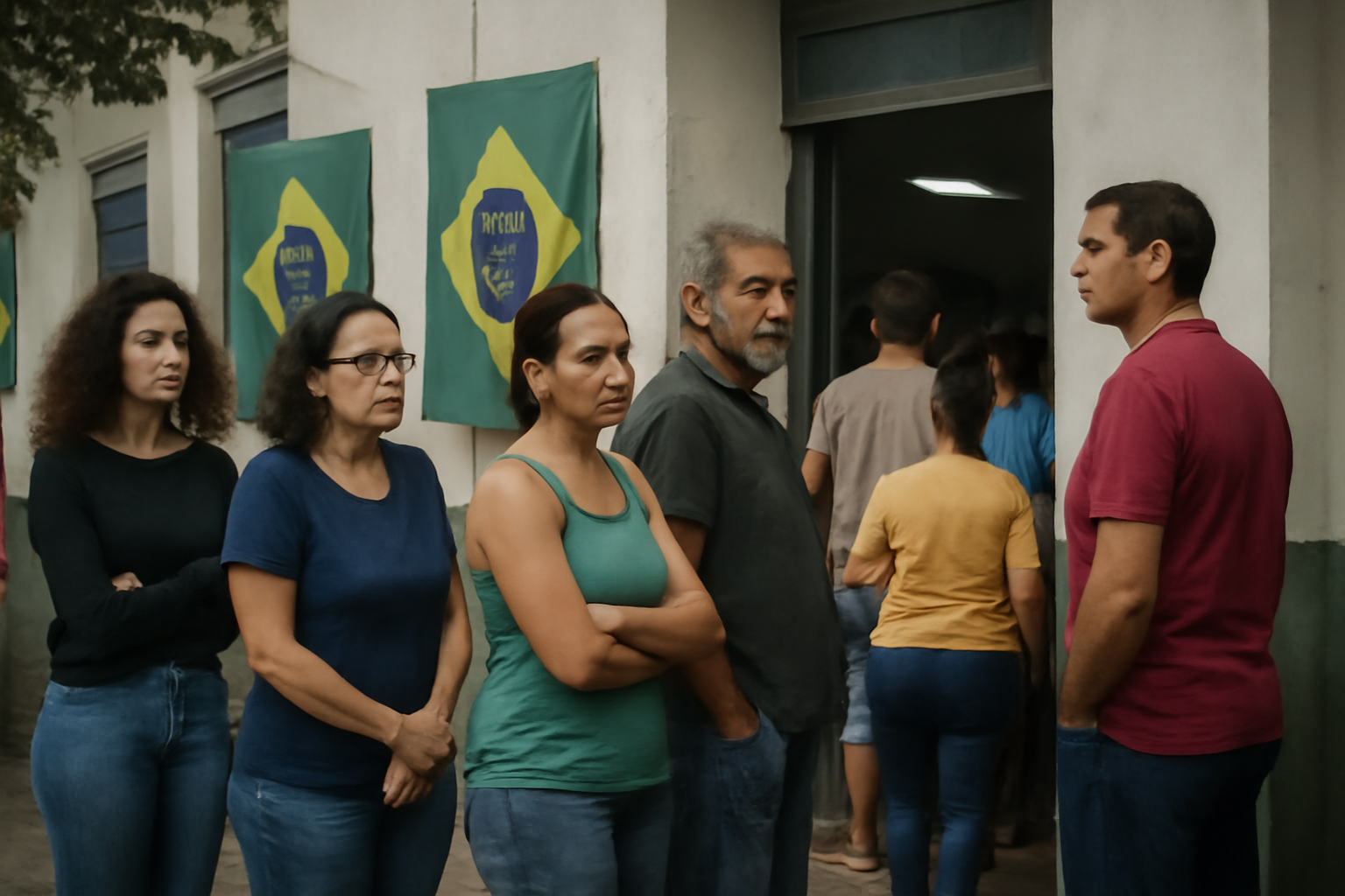 A Brazilian polling station with voters lined up beneath a Brazil national flag