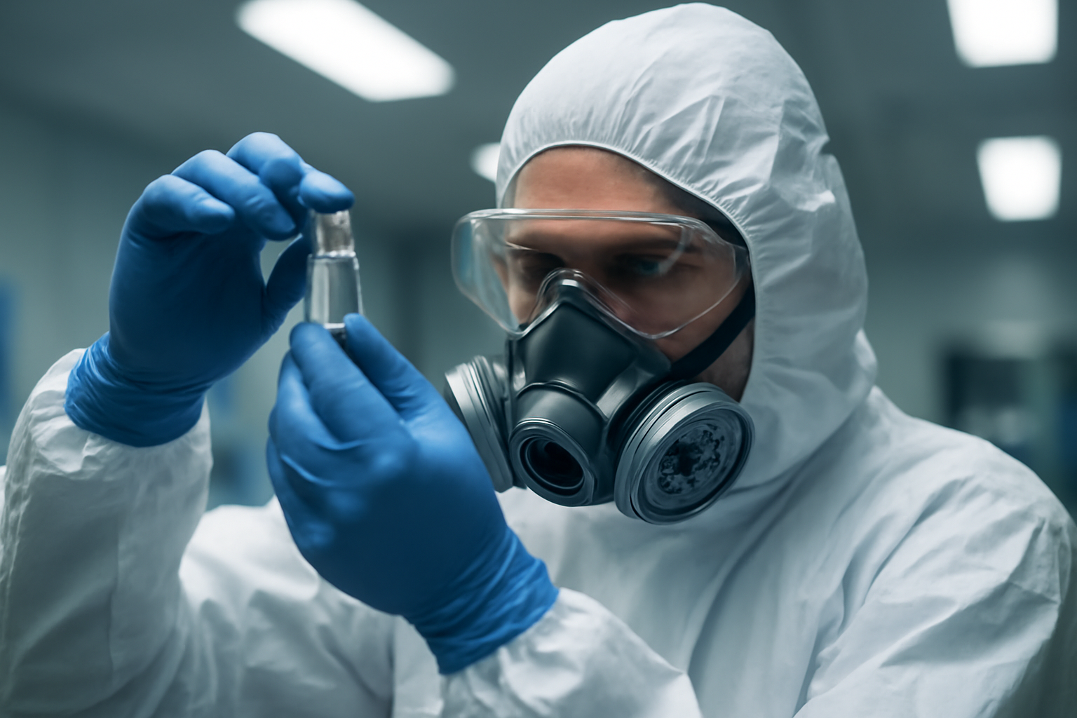 A medical researcher in protective gear examines samples inside a biosafety laboratory