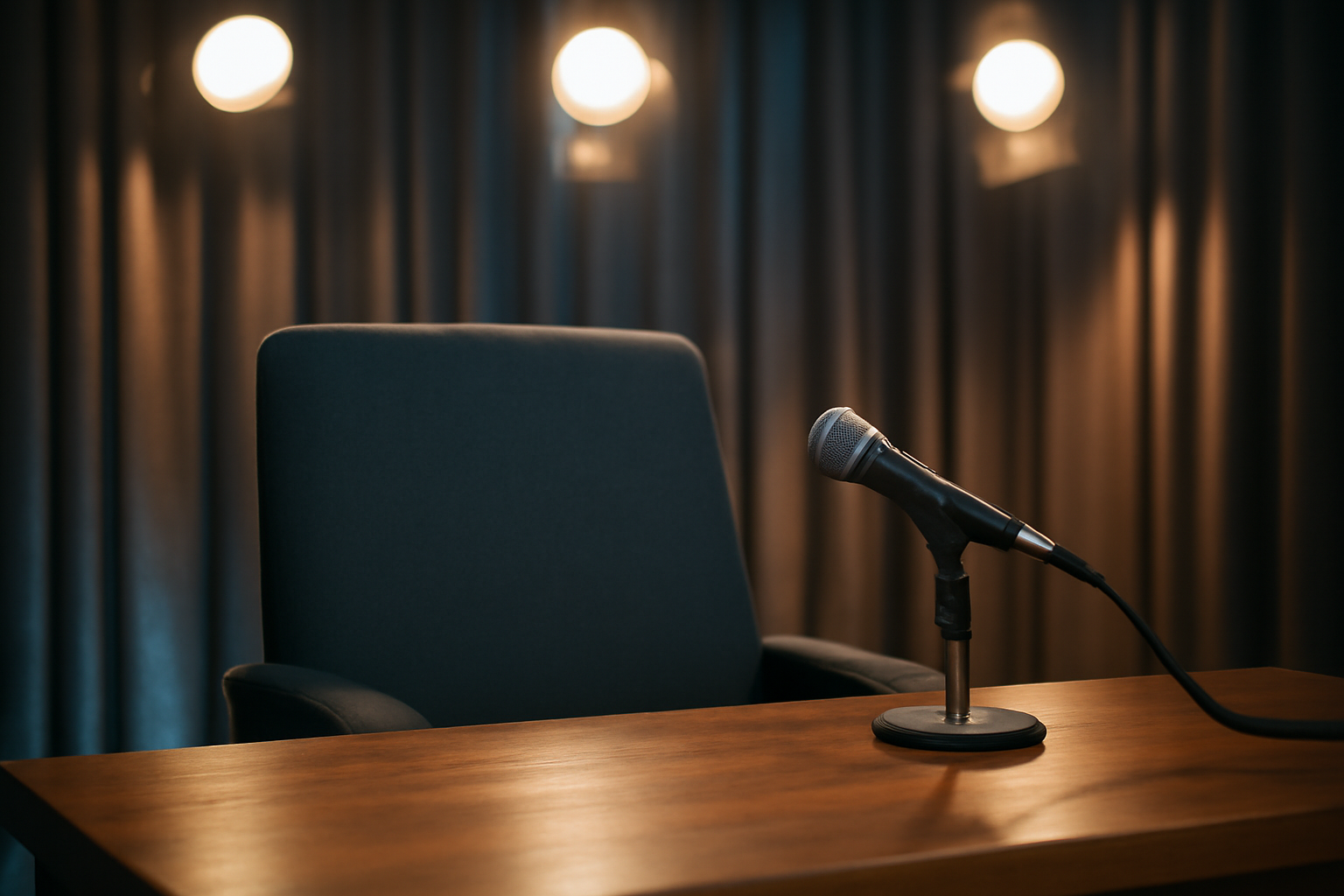 Close-up of a microphone and notepad on a table during a political commentary interview setting