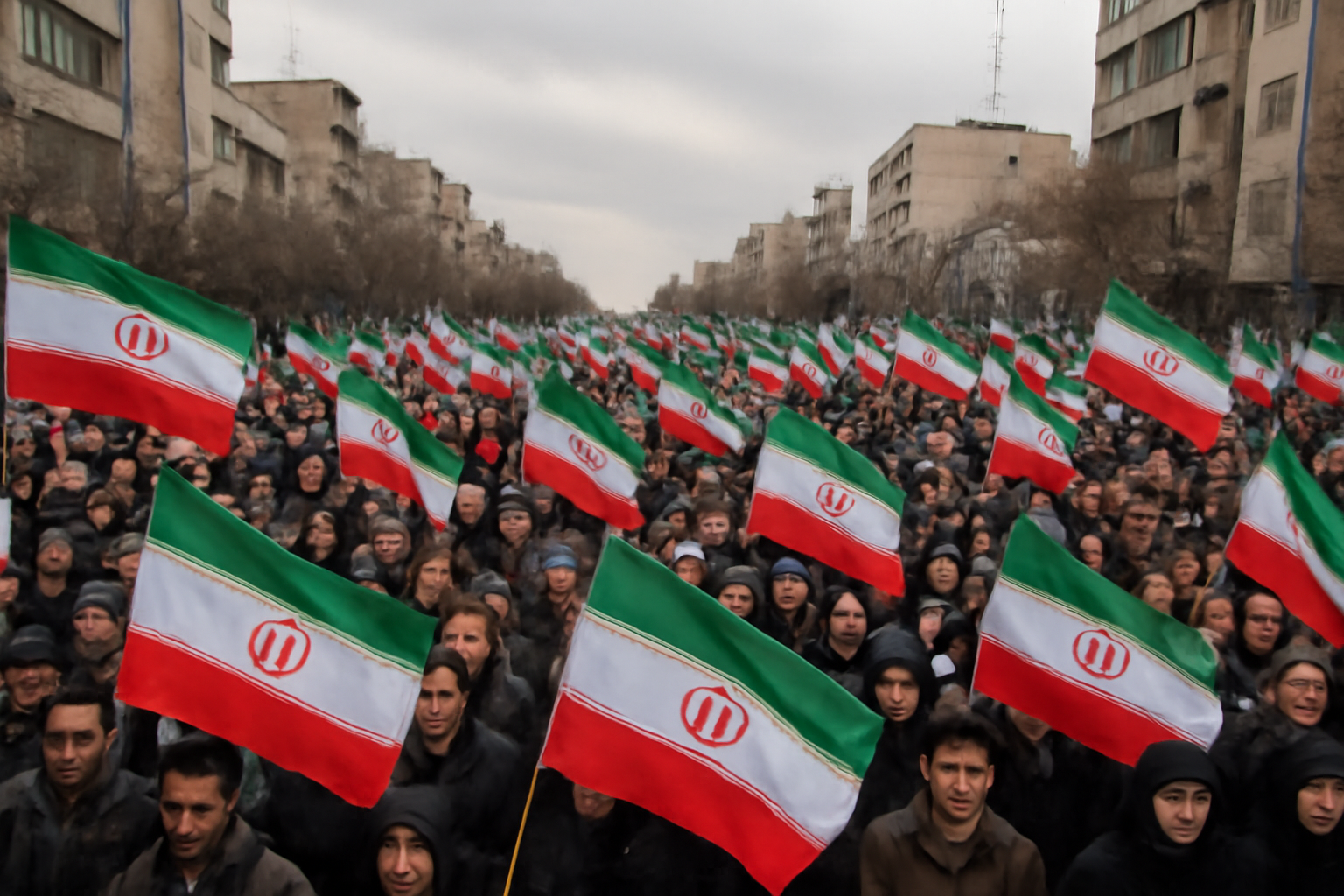 A dense crowd waves Iranian flags during a street rally in an Iranian city.