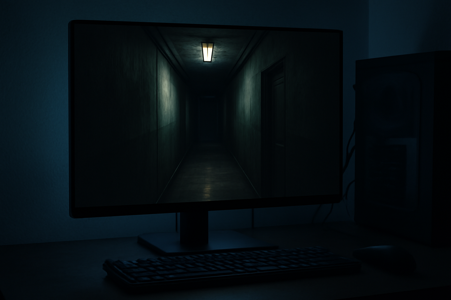 A dimly lit, looping hallway scene rendered on a PC monitor evoking the P.T. horror demo