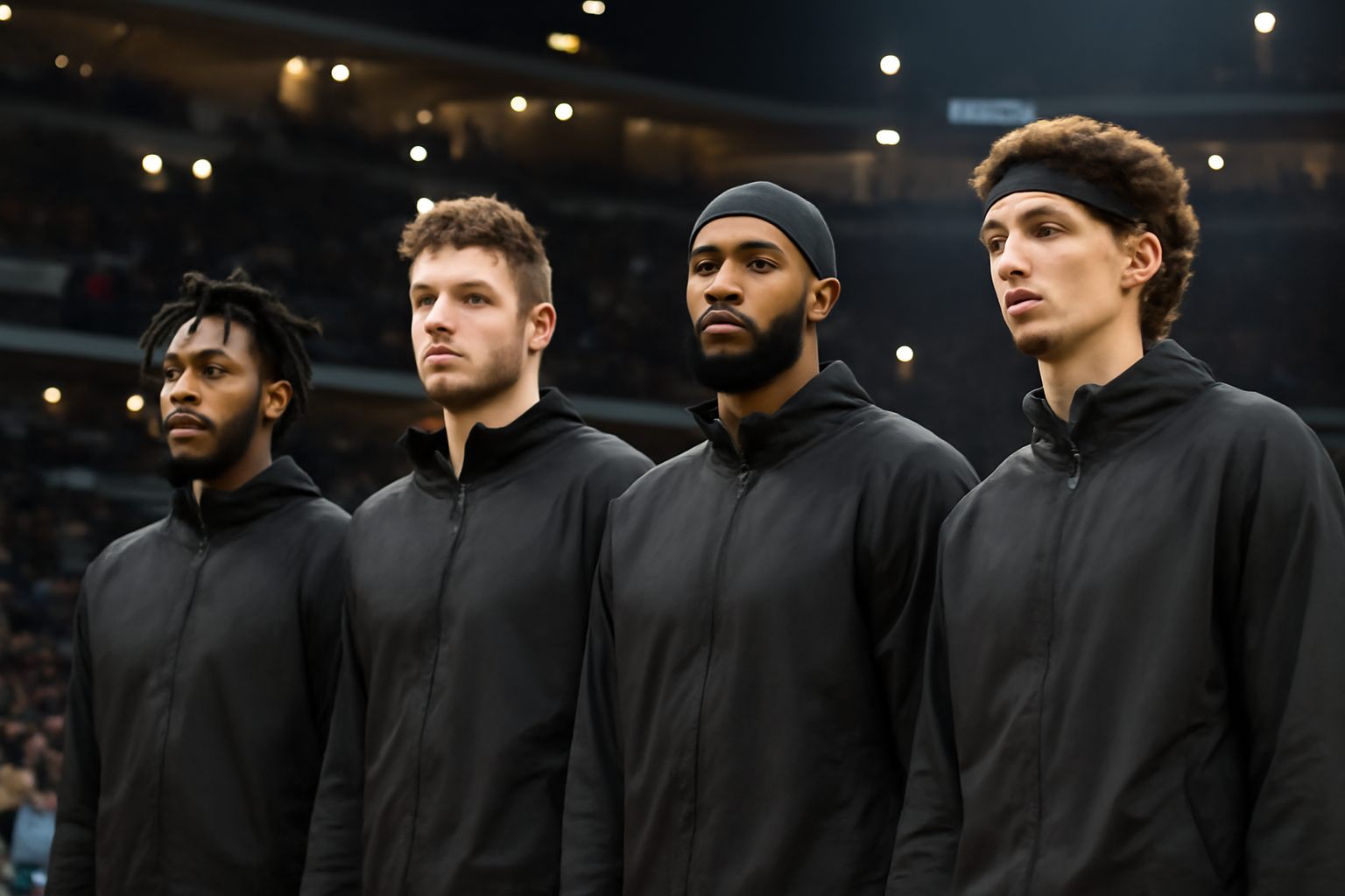 NBA players in warmup jackets gathering courtside during preseason media day