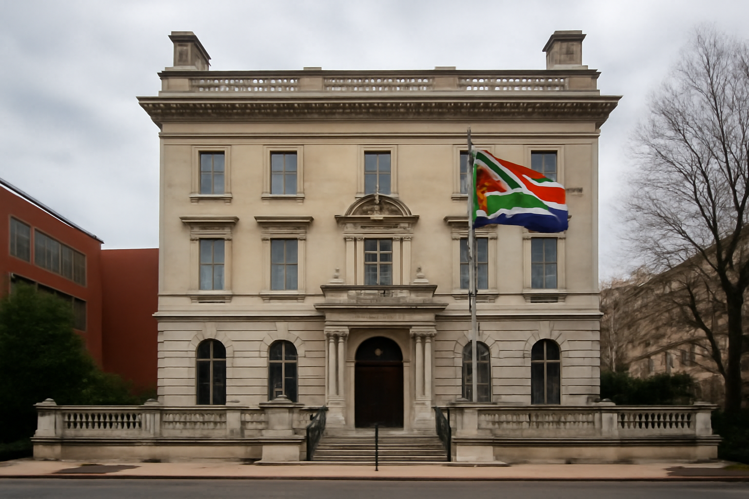 South African flag and a Washington office building exterior side by side