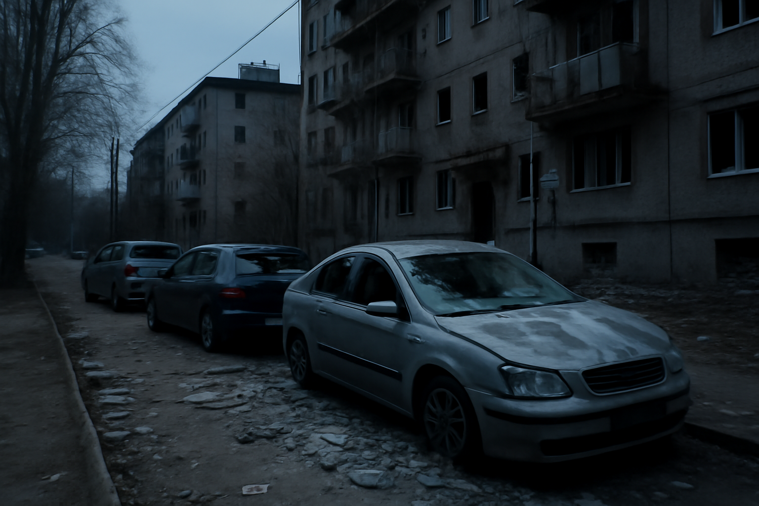 Damaged cars outside an apartment building after a missile strike in Zaporizhzhia, Ukraine