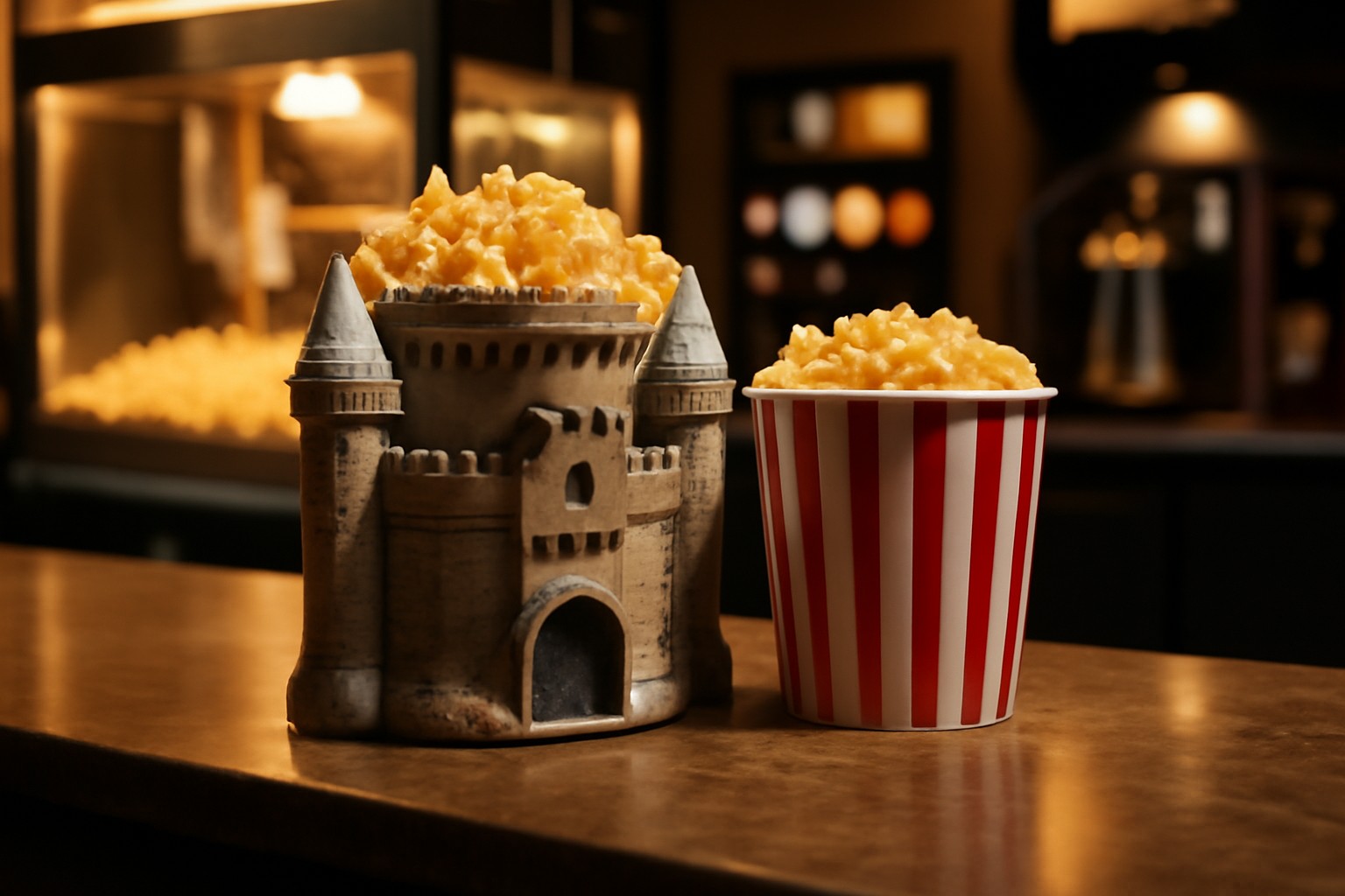 An elaborately shaped novelty popcorn bucket displayed at a movie theater concession counter