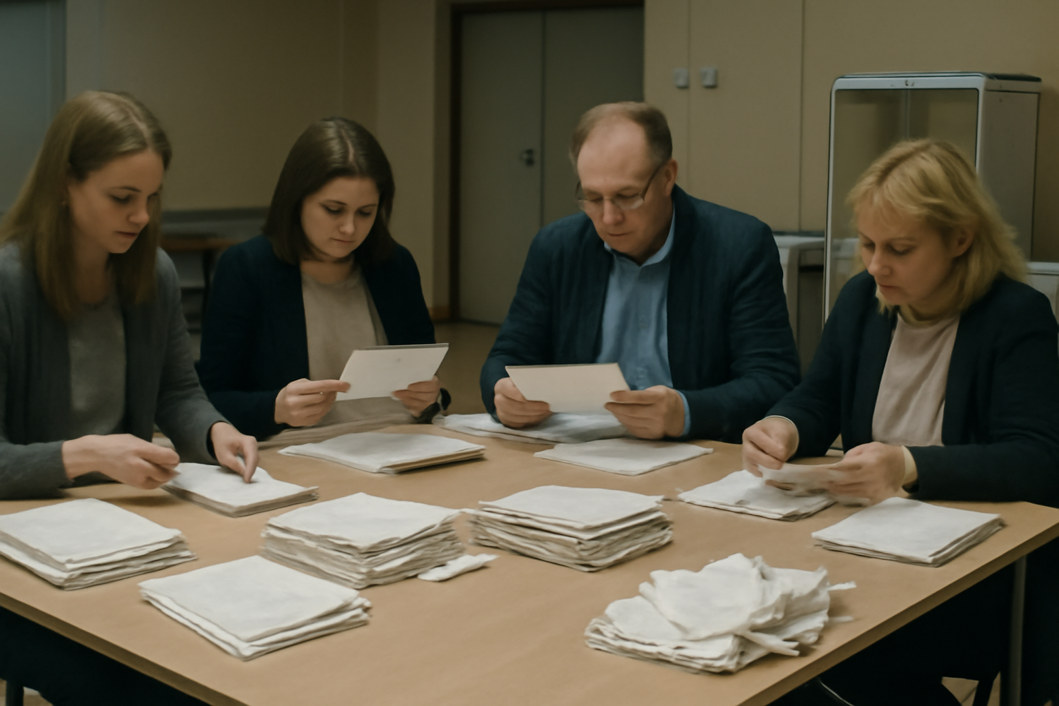 Russian election officials count paper ballots at a polling station table under fluorescent light
