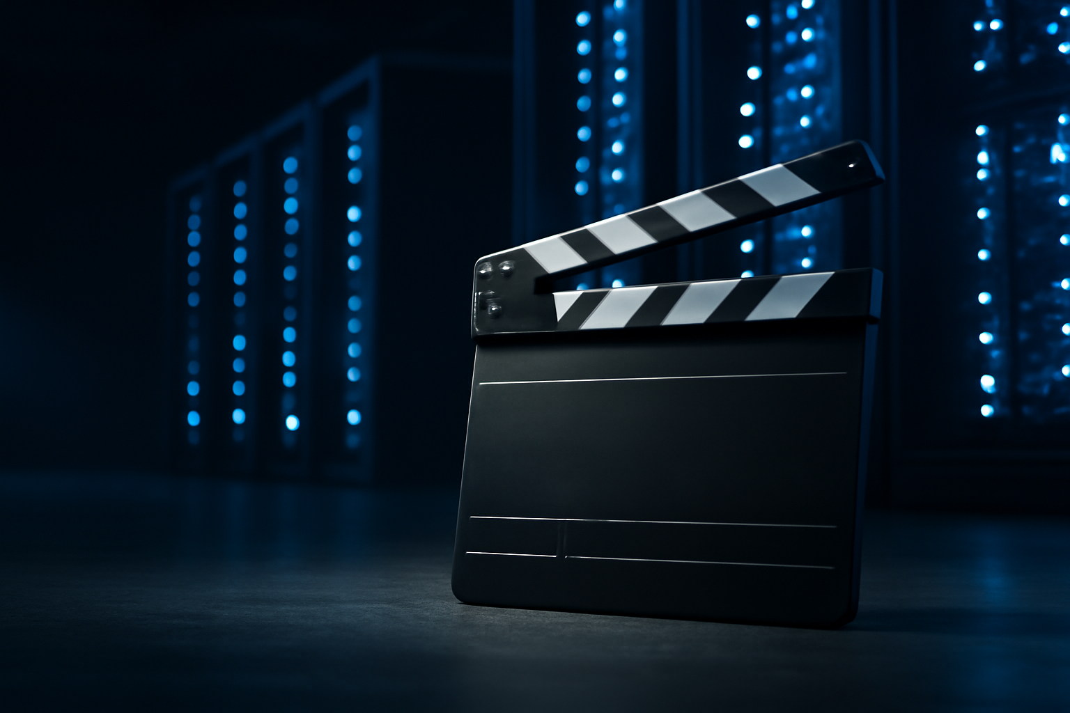 A film clapperboard resting beside glowing server racks on a dim soundstage.