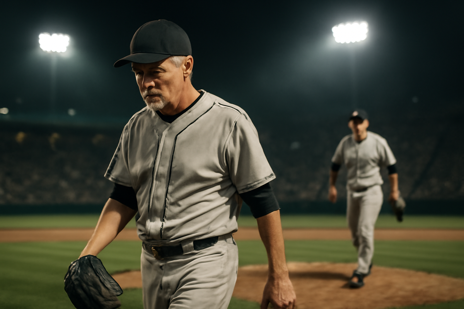 A baseball pitcher walks off the mound while a relief pitcher jogs in from the bullpen at a lit stadium