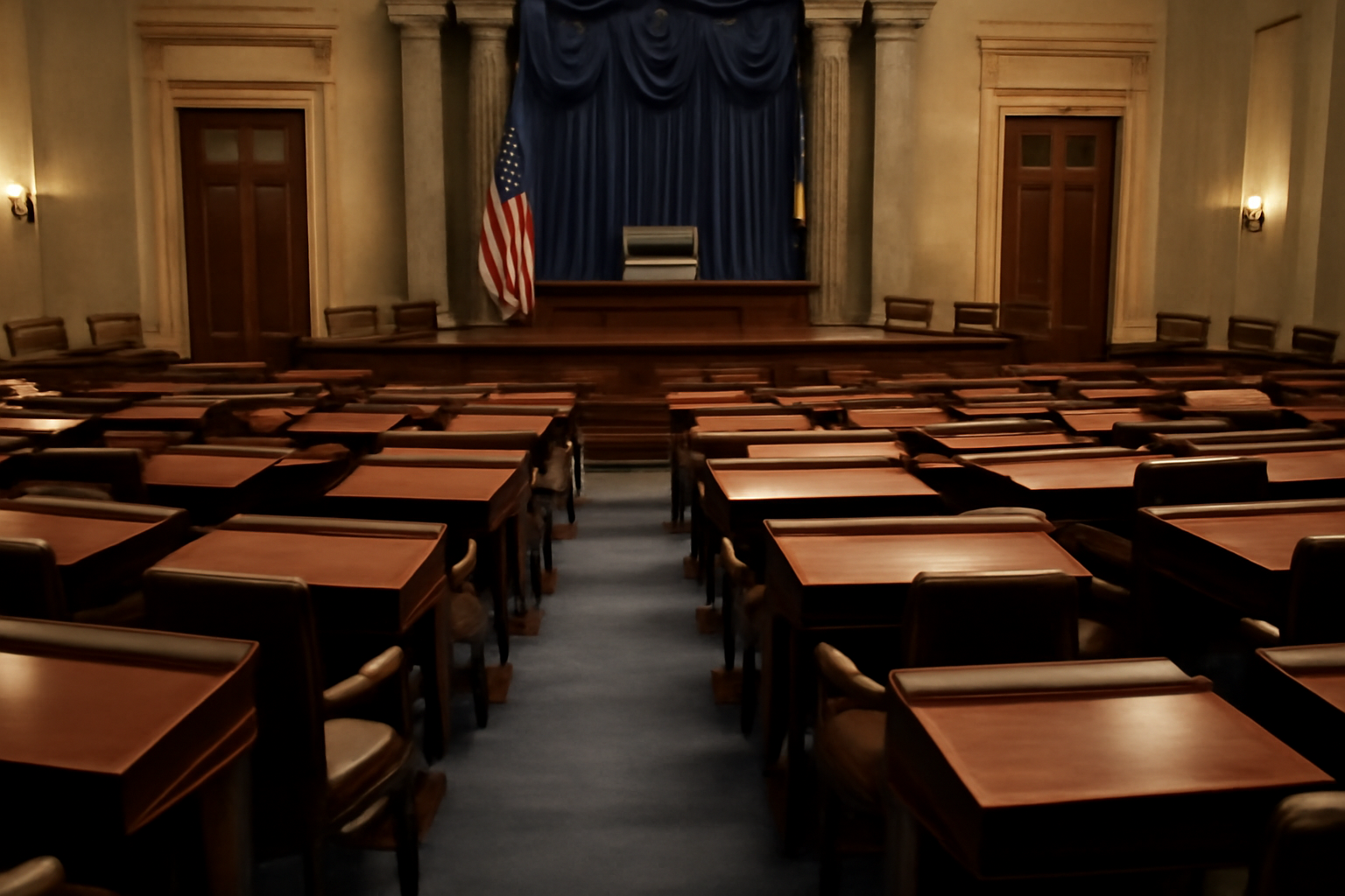 Empty Senate chamber desks with a data center server room visible through a window reflection