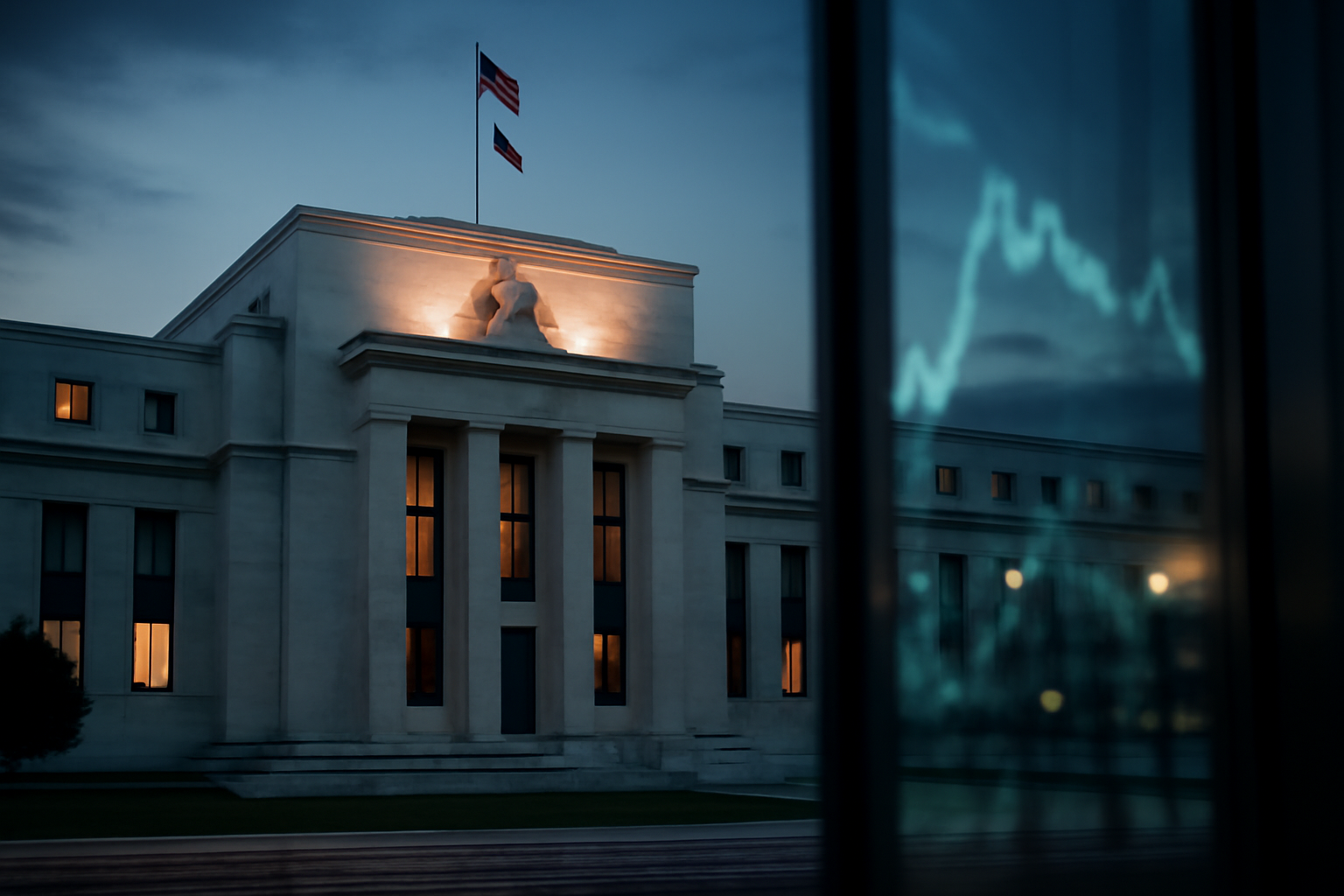Federal Reserve building exterior with a blurred financial ticker overlay suggesting employment data
