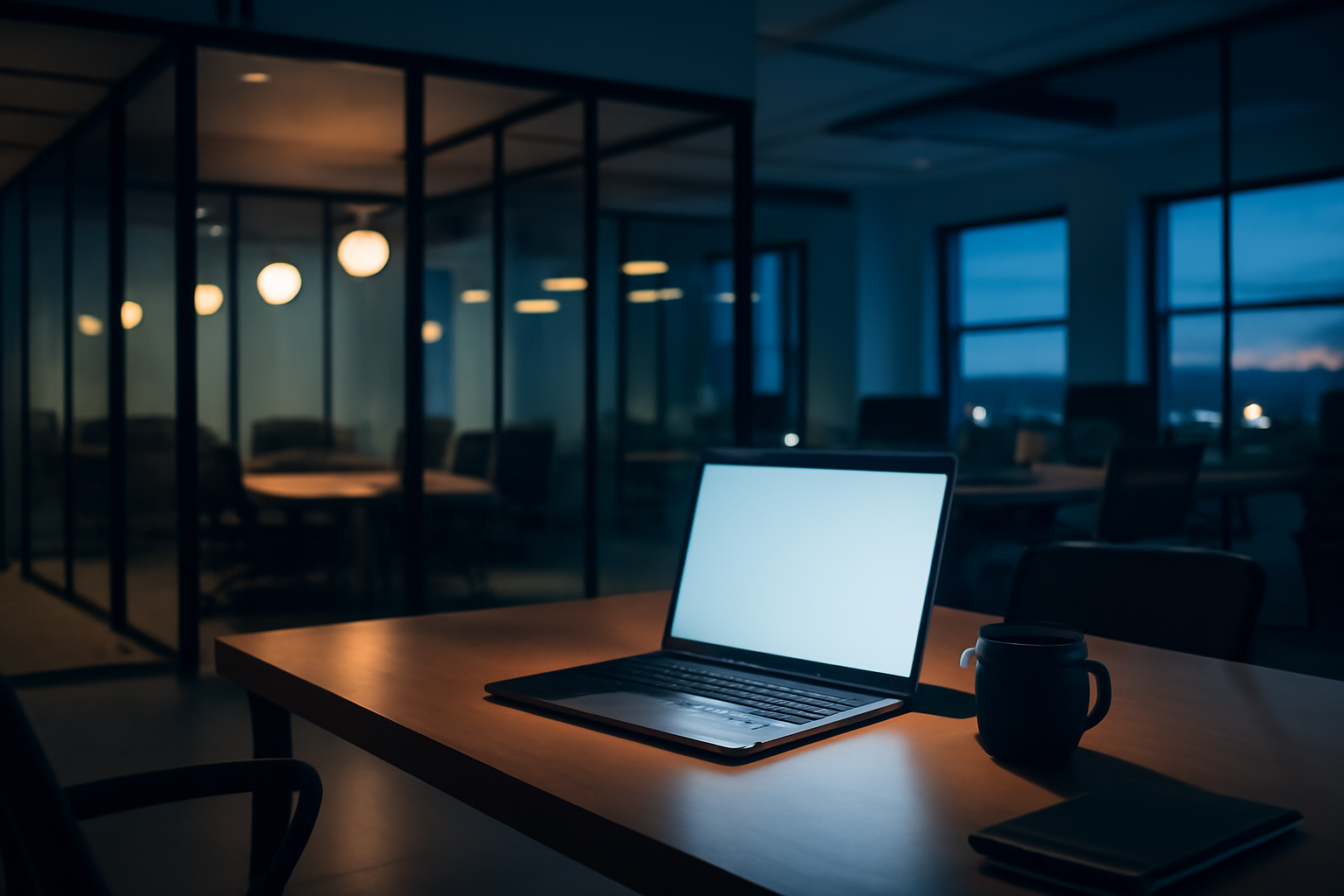 Empty office desk with a laptop displaying an OpenAI login screen at dusk