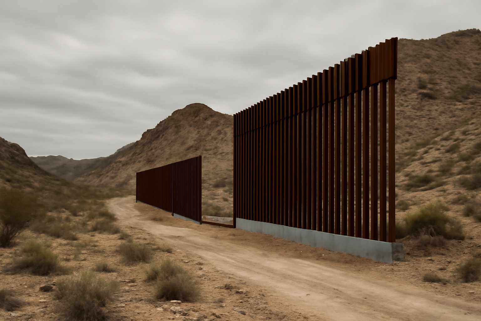An unfinished segment of steel border fencing stretching across rugged desert terrain near Big Bend, Texas