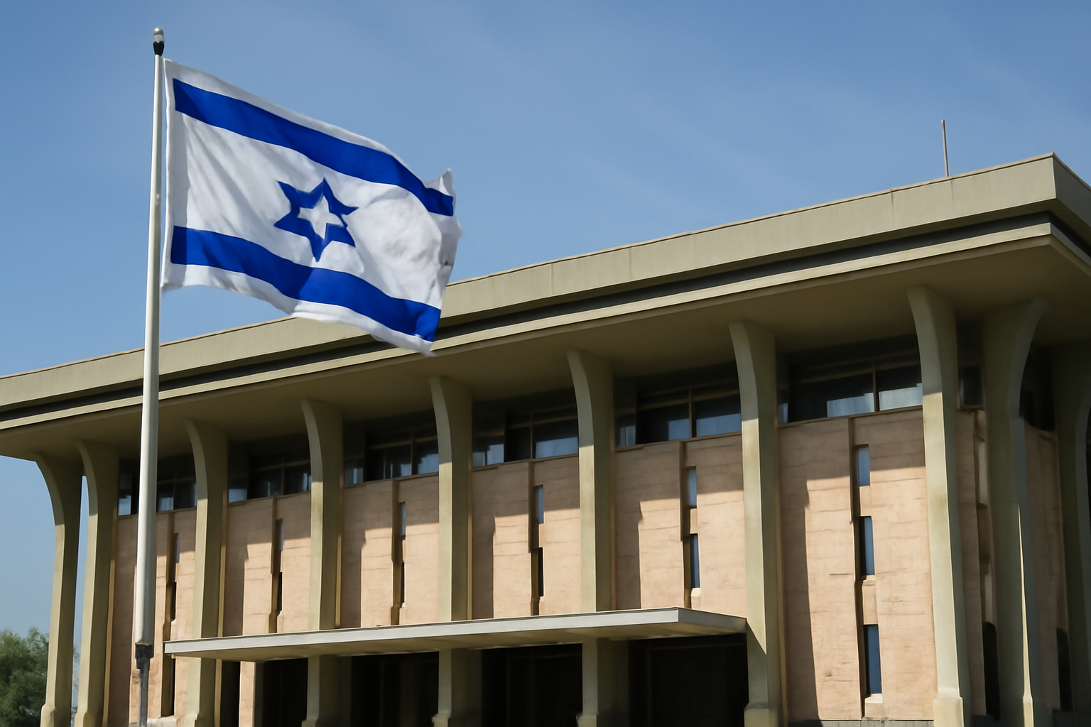 Exterior of an Israeli government building with a national flag under a clear sky