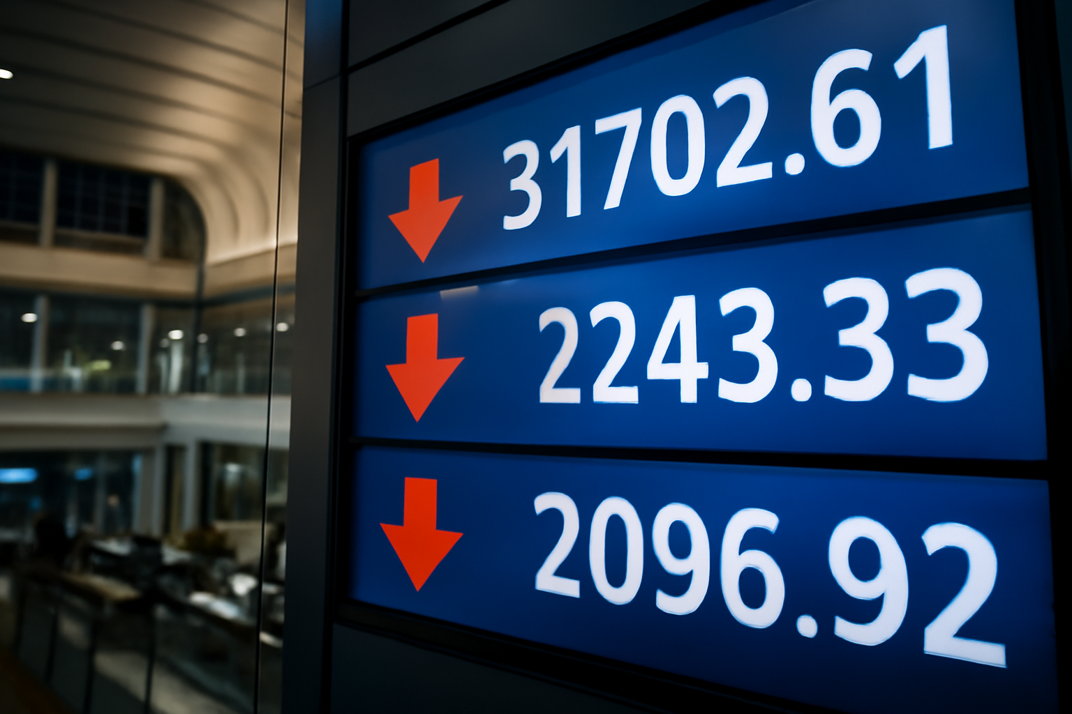 Stock ticker board displaying falling Japanese equity prices in red on a trading floor screen