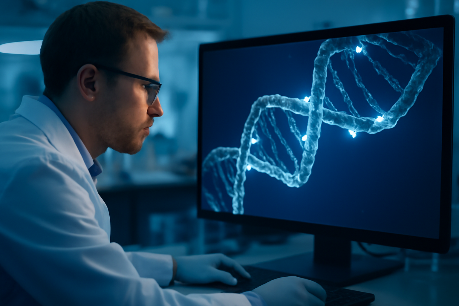 Scientist examining a glowing three-dimensional strand of DNA on a laboratory monitor