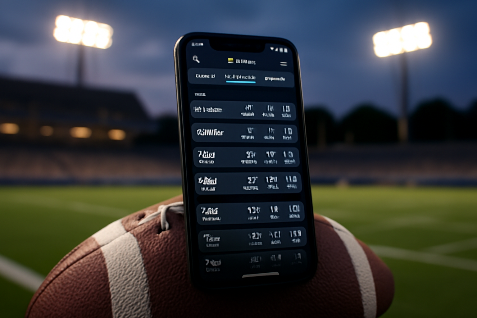 A smartphone displaying a sports betting app next to a college football on a stadium field