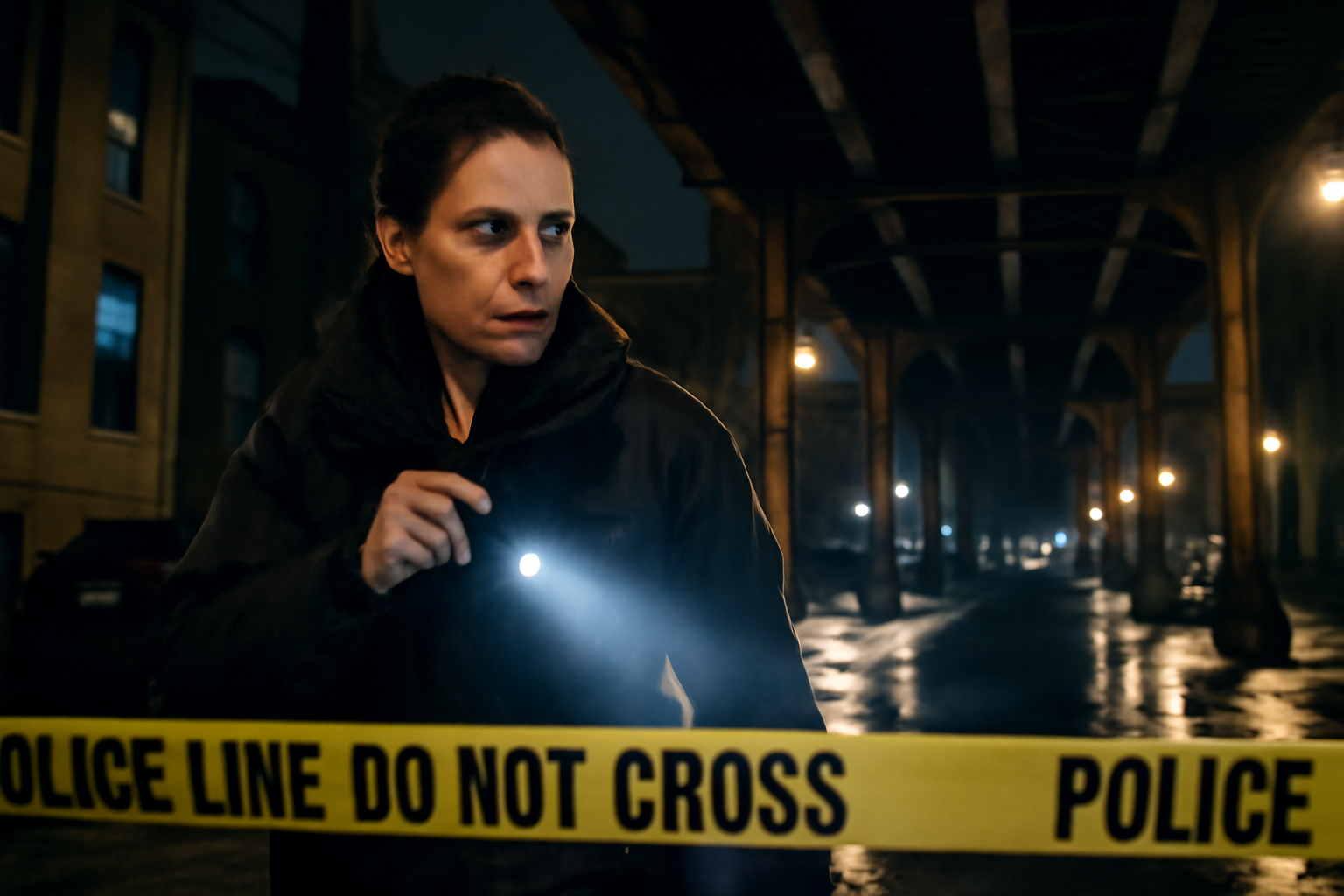 A woman in tactical gear investigates a crime scene near elevated train tracks at night