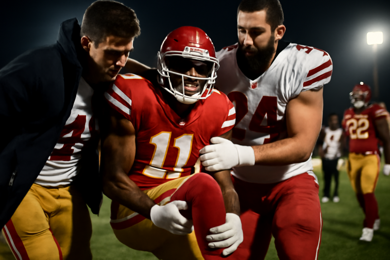 A 49ers wide receiver grips his lower leg while walking off the field during a Monday night NFL game.