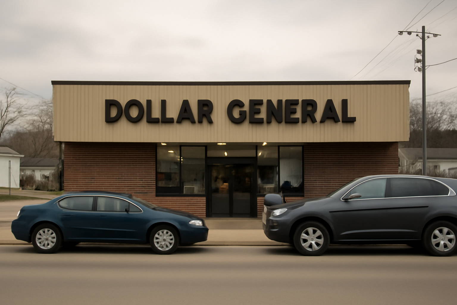 Exterior of a Dollar General store with a yellow and black sign in a small town