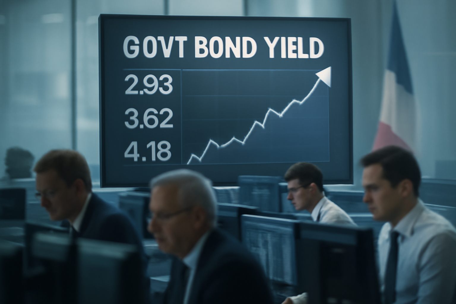 Electronic board showing French government bond yield figures above a trading floor