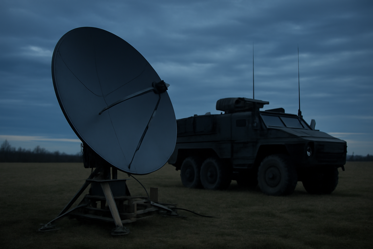 Satellite dish and antenna equipment set up near a military vehicle under an overcast sky