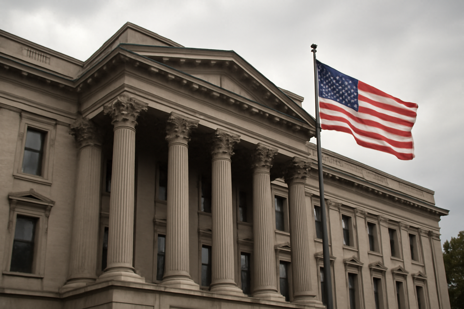 A state attorney general's office building exterior with an American flag